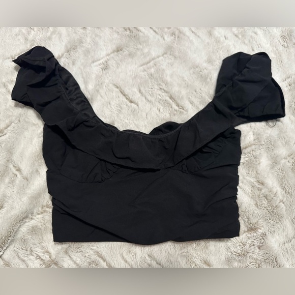 Zara Black Ruffled Off Shoulder Crop Top - Picture 3 of 8